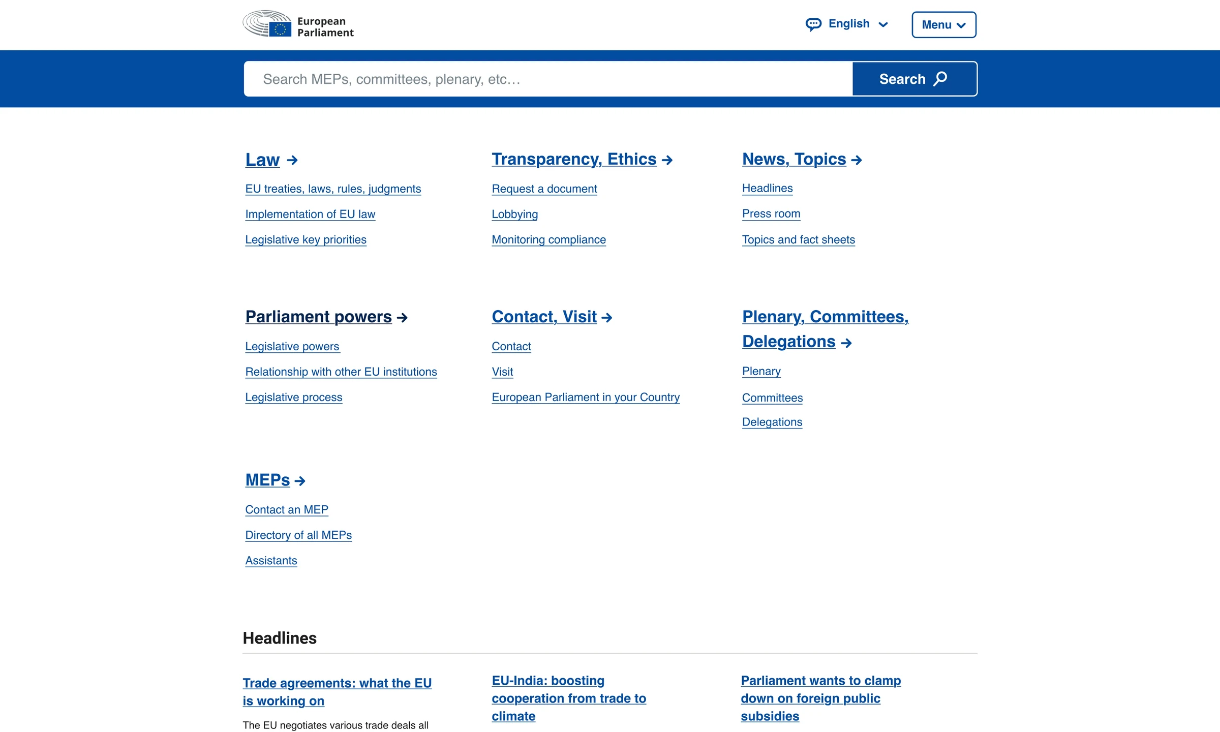 Redesigned European Parliament homepage with a prominent search bar