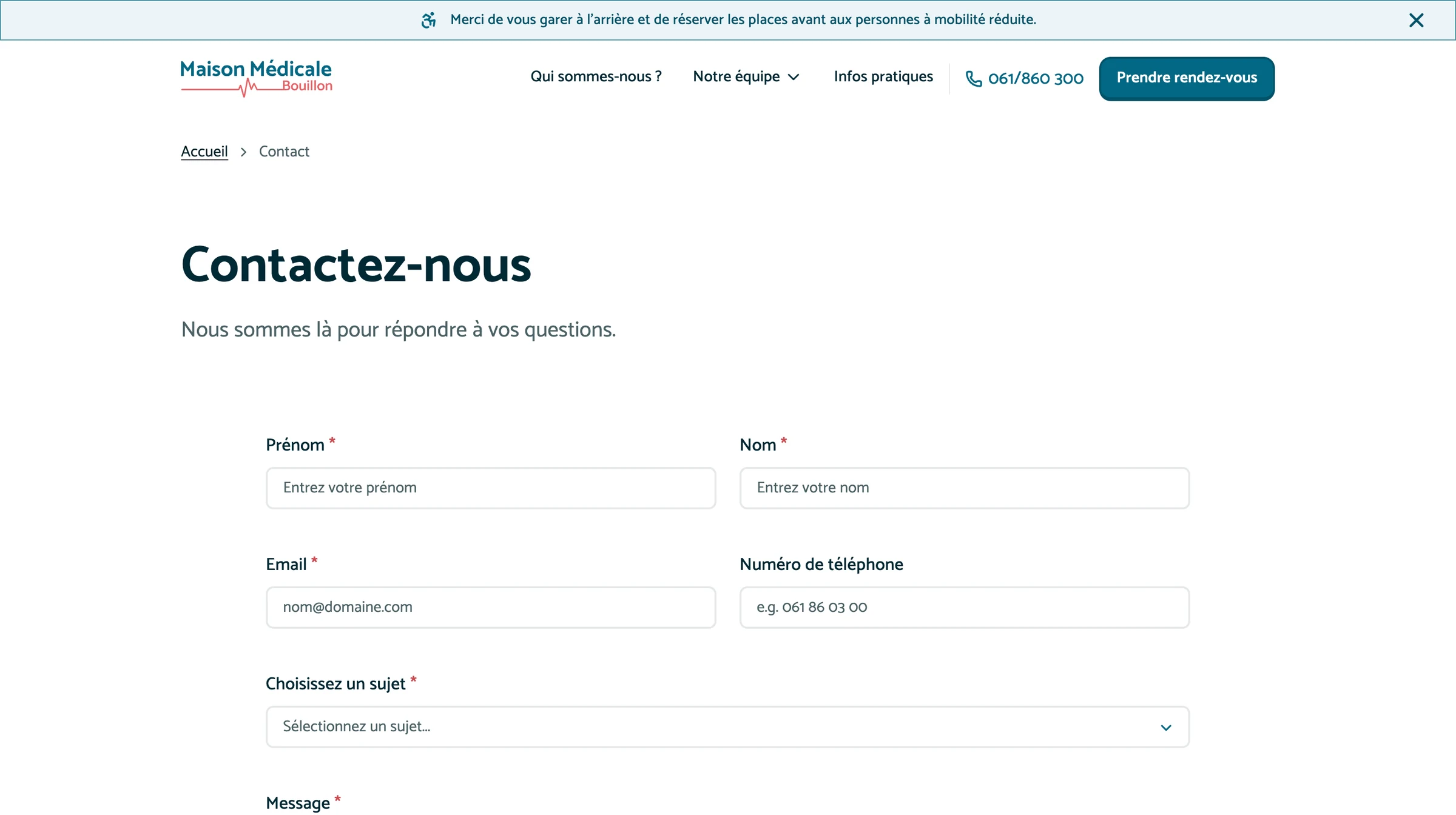 Contact page with subject-routed form