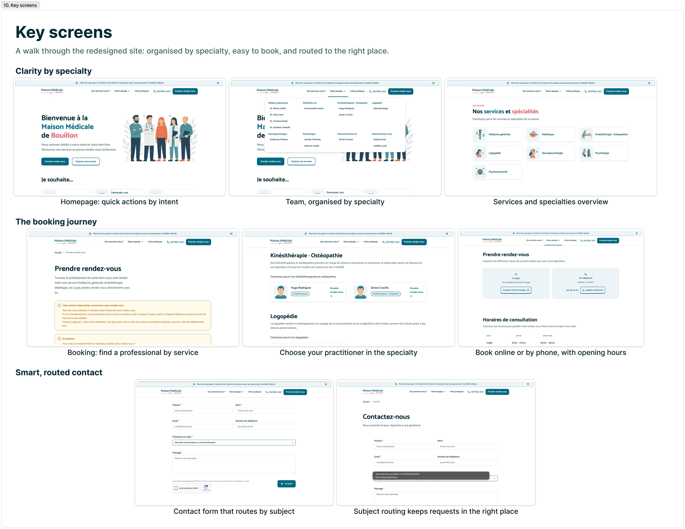 Key screens walkthrough of the redesigned clinic site