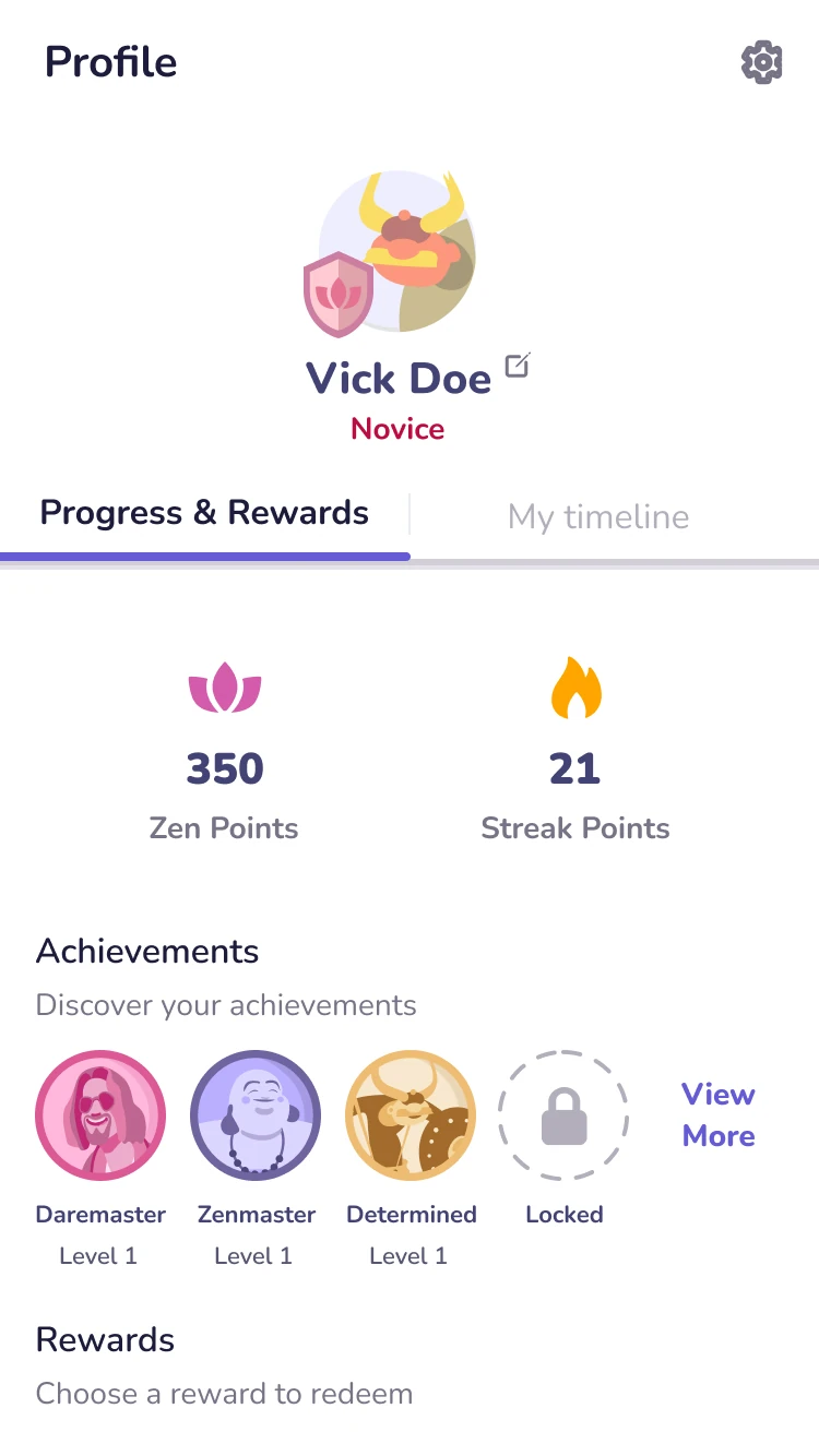 Profile page with progress and redeemable rewards